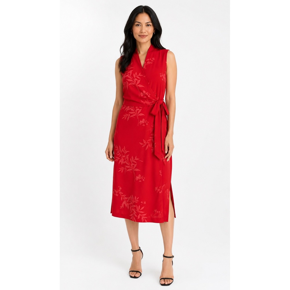 Coldwater Creek Red Floral 100% Silk Wrap Midi Dress Sleeveless Size 10